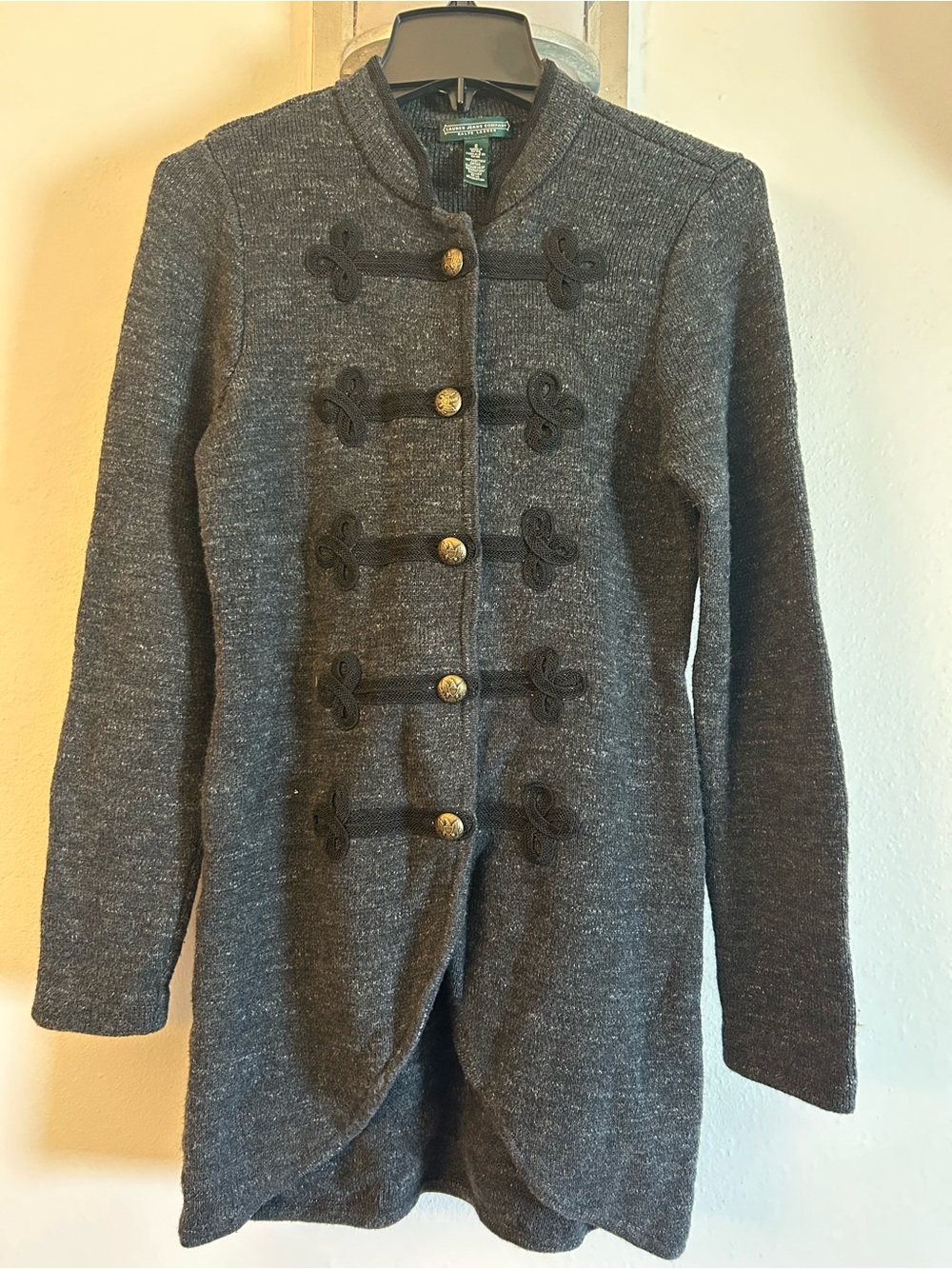 Ralph Lauren Charcoal Gray Military-Style Knit Cardigan with Gold Buttons milita